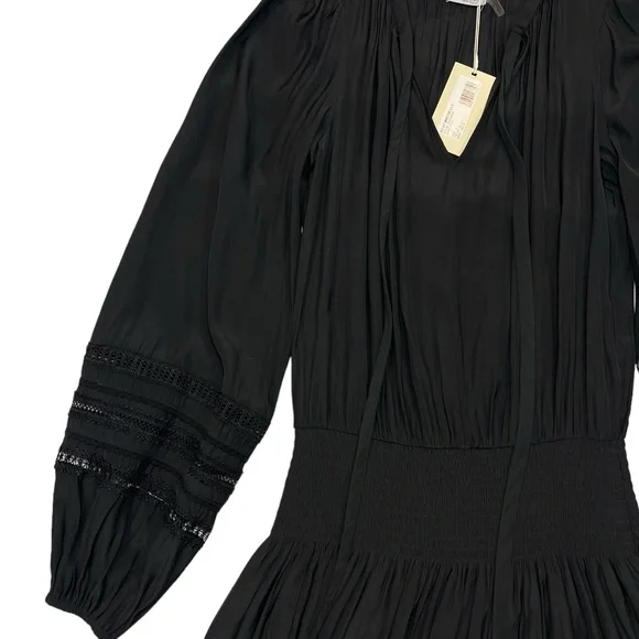 Ramy Brook Rosey Blouson Smocked Mini Dress Black Long Sleeve Tie Neck Size S - Picture 13 of 16